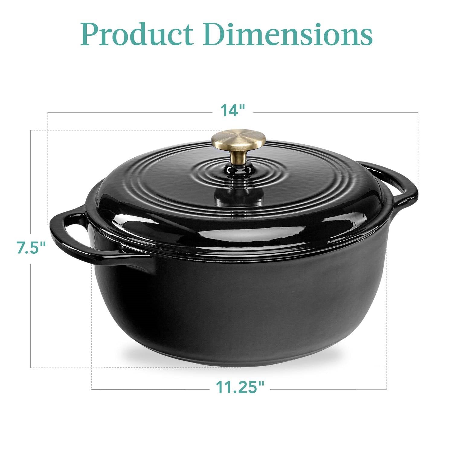 6 Quart Large Black Enamel Cast-Iron Dutch Oven Kitchen Cookware with lid, 14 inches wide, dimensions labeled