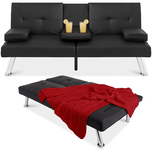 Black Faux Leather Convertible Sofa Futon with 2 Cup Holders shown with chrome legs, reclined position, and red blanket.