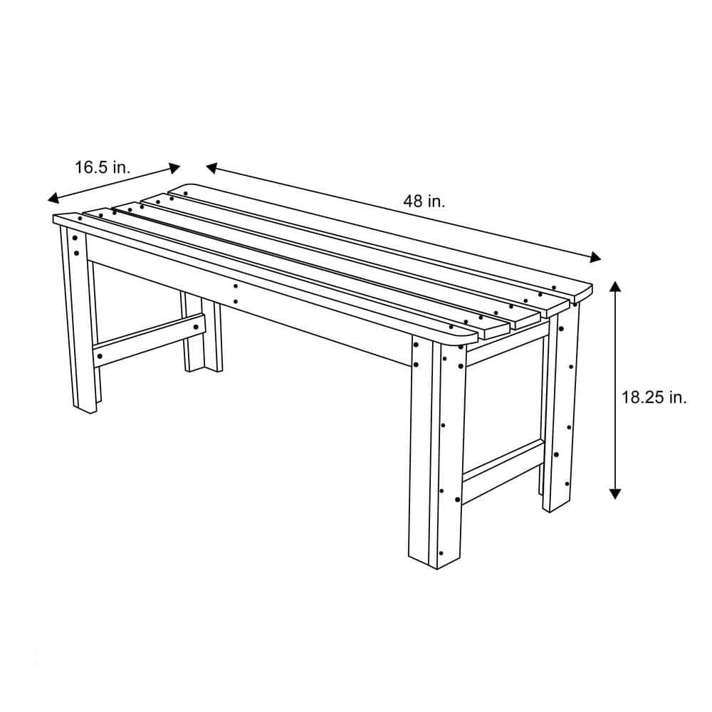 Dimensions diagram of Outdoor Patio Backless Cedar Wood 4-ft. Garden Bench in Natural Finish, showing 48 x 16.5 x 18.25 inches