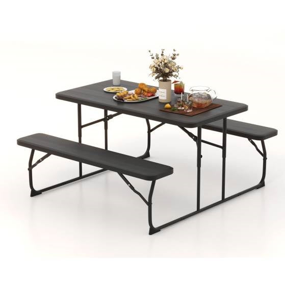 Folding Picnic Table with 2 Benches Outdoor Patio Dining Set in Black, ideal for family parties, spacious and foldable, 54 x 28 inches.