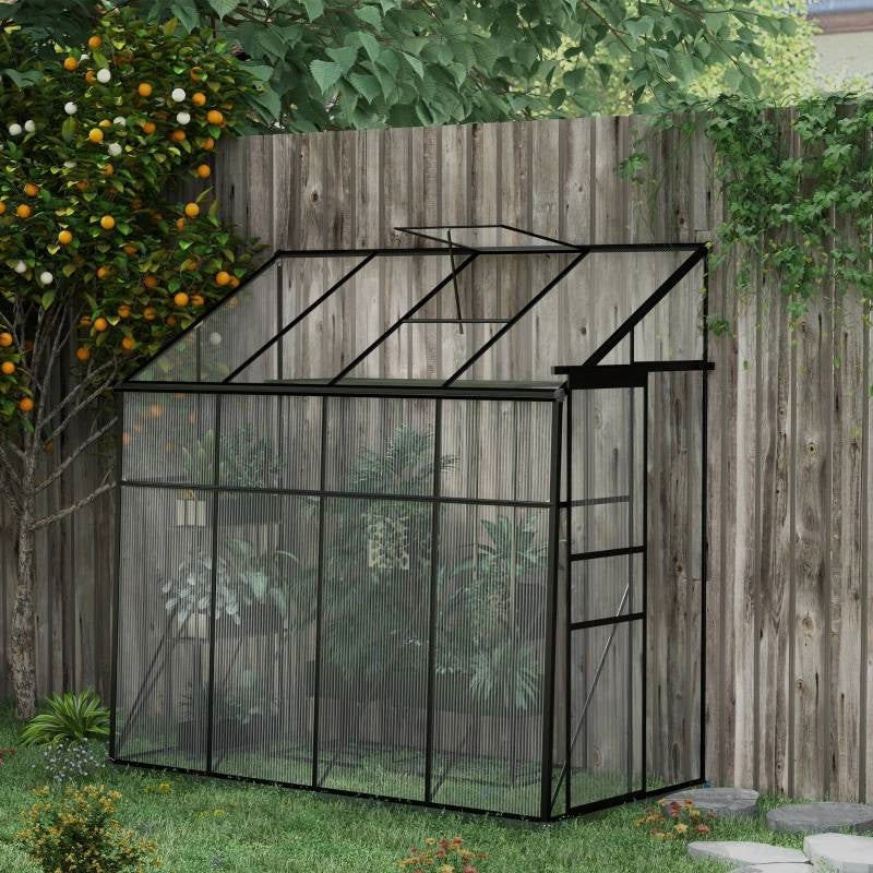 8.3 ft x 4.1 ft Outdoor Polycarbonate Lean-to Greenhouse with Black Metal Frame against wooden fence