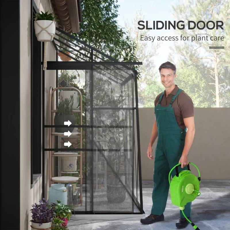 8.3 ft x 4.1 ft Outdoor Polycarbonate Lean-to Greenhouse with Black Metal Frame, featuring sliding door for easy plant access.