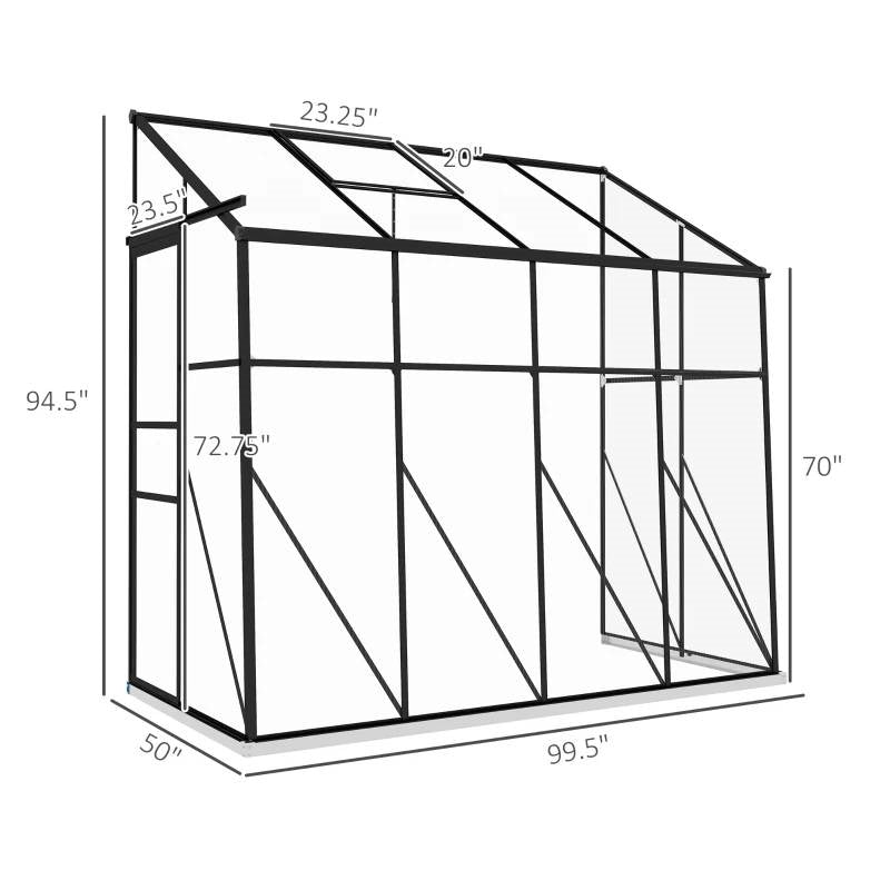 8.3 ft x 4.1 ft Outdoor Polycarbonate Lean-to Greenhouse with Black Metal Frame dimensions illustration