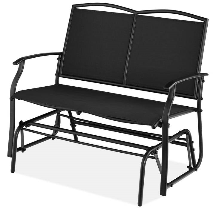 2 Seat Mesh Patio Loveseat Swing Glider Rocker with Armrests in Black for garden and patio relaxation.