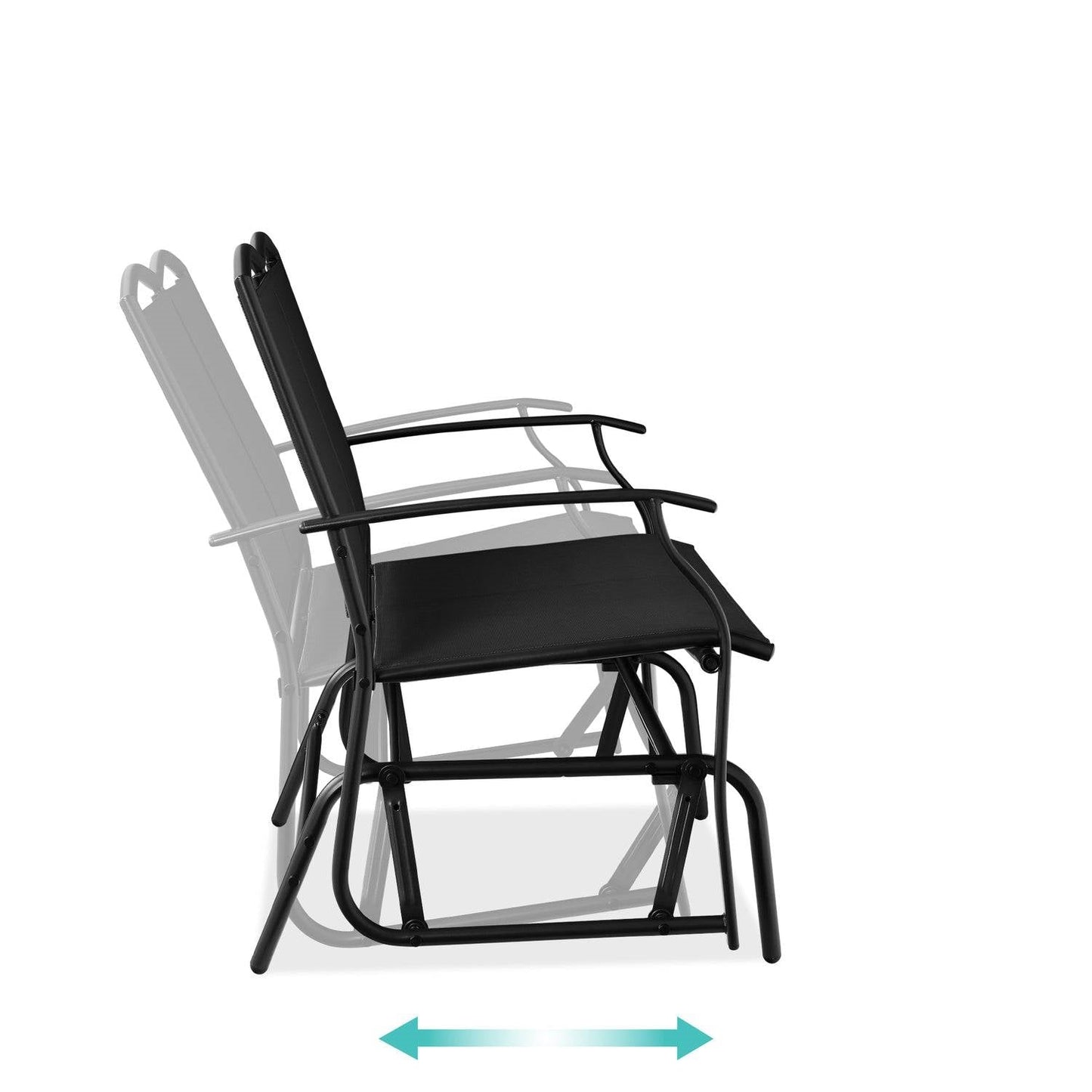 2 Seat Mesh Patio Loveseat Swing Glider Rocker with Armrests in Black showcasing gliding motion and ergonomic design.