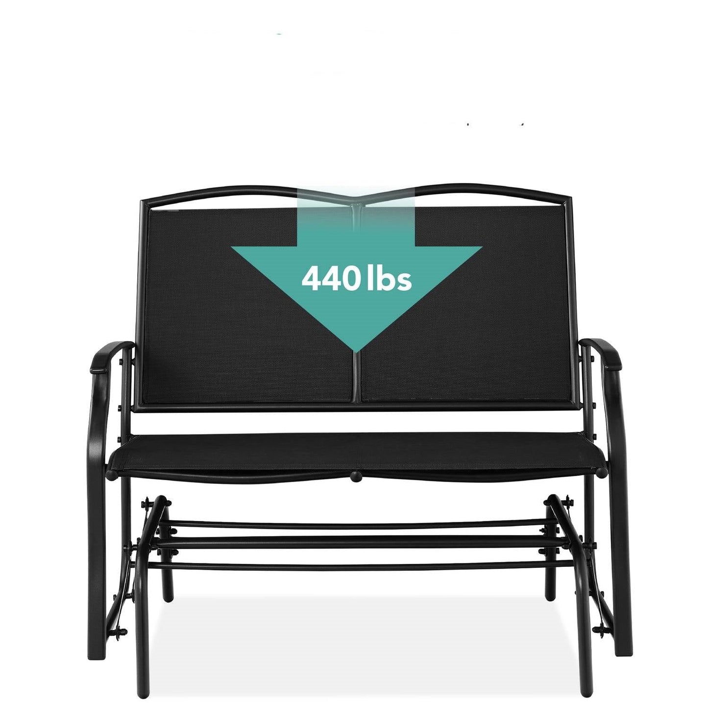 2 Seat Mesh Patio Loveseat Swing Glider Rocker with Armrests in Black, supports up to 440 lbs, ideal for outdoor relaxation.