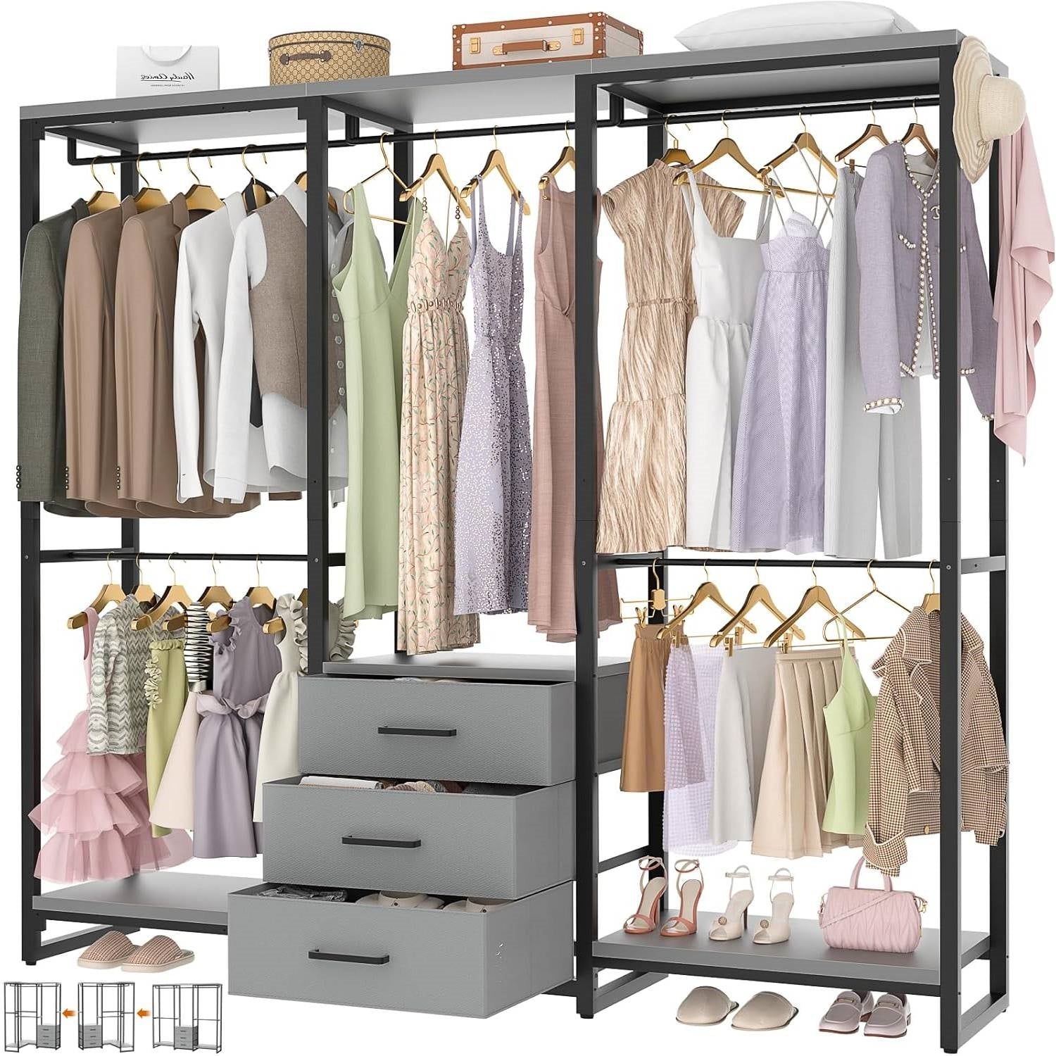 Heavy Duty Black Grey Freestanding Garment Rack Closet Wardrobe with 3 Drawers, featuring storage and shelf organization.