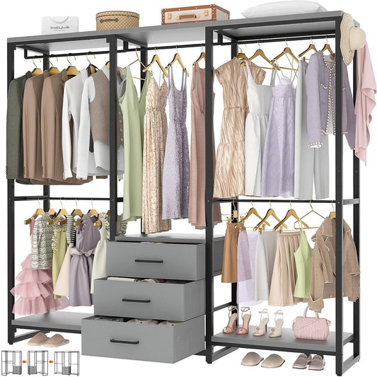 Heavy Duty Black Grey Freestanding Garment Rack Closet Wardrobe with 3 Drawers, featuring storage and shelf organization.