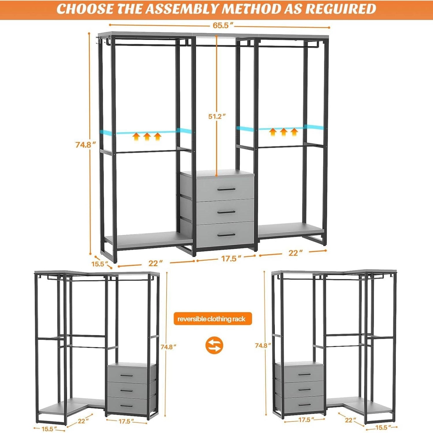 Heavy Duty Black Grey Freestanding Garment Rack Closet Wardrobe with 3 Drawers assembly options.