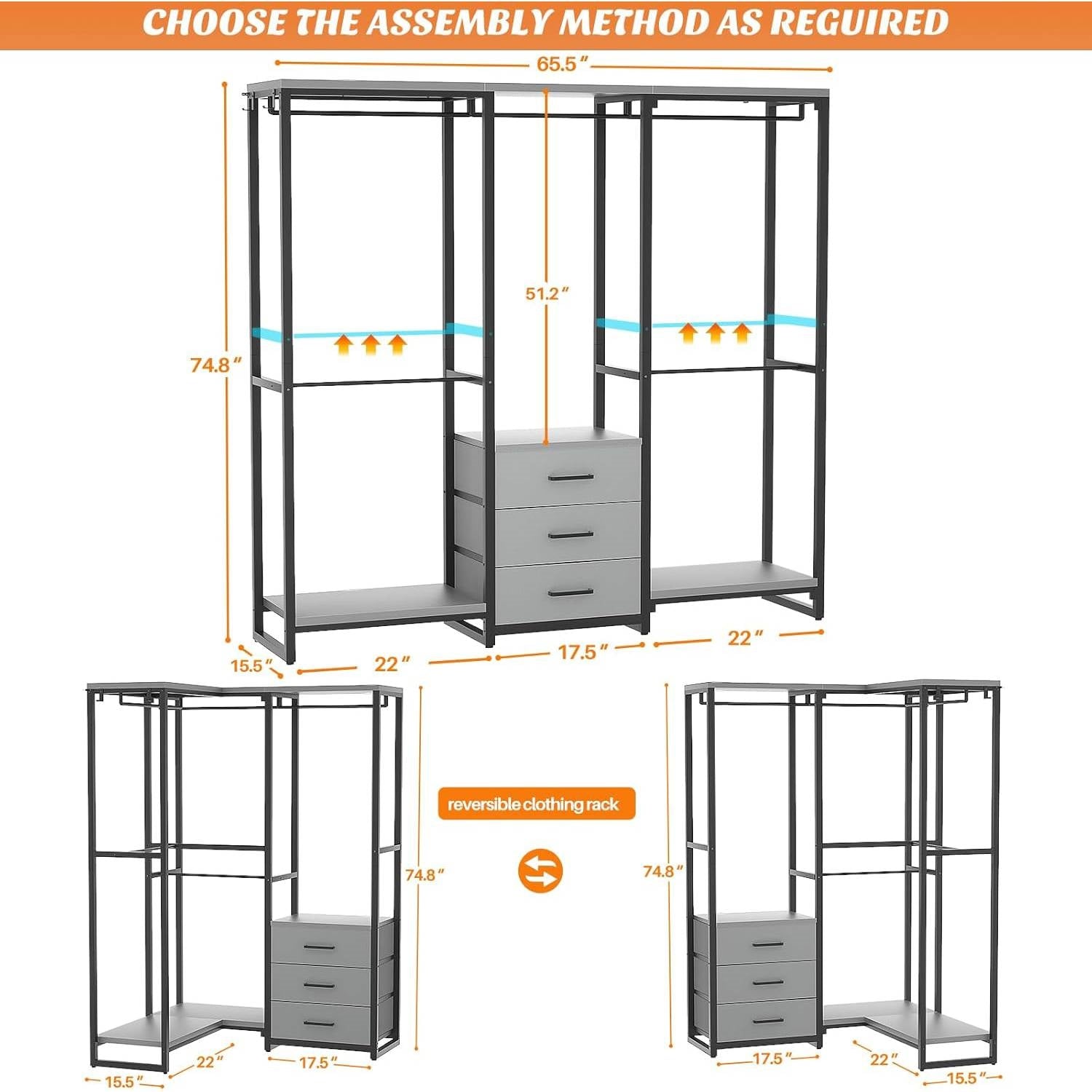 Heavy Duty Black Grey Freestanding Garment Rack Closet Wardrobe with 3 Drawers assembly options.