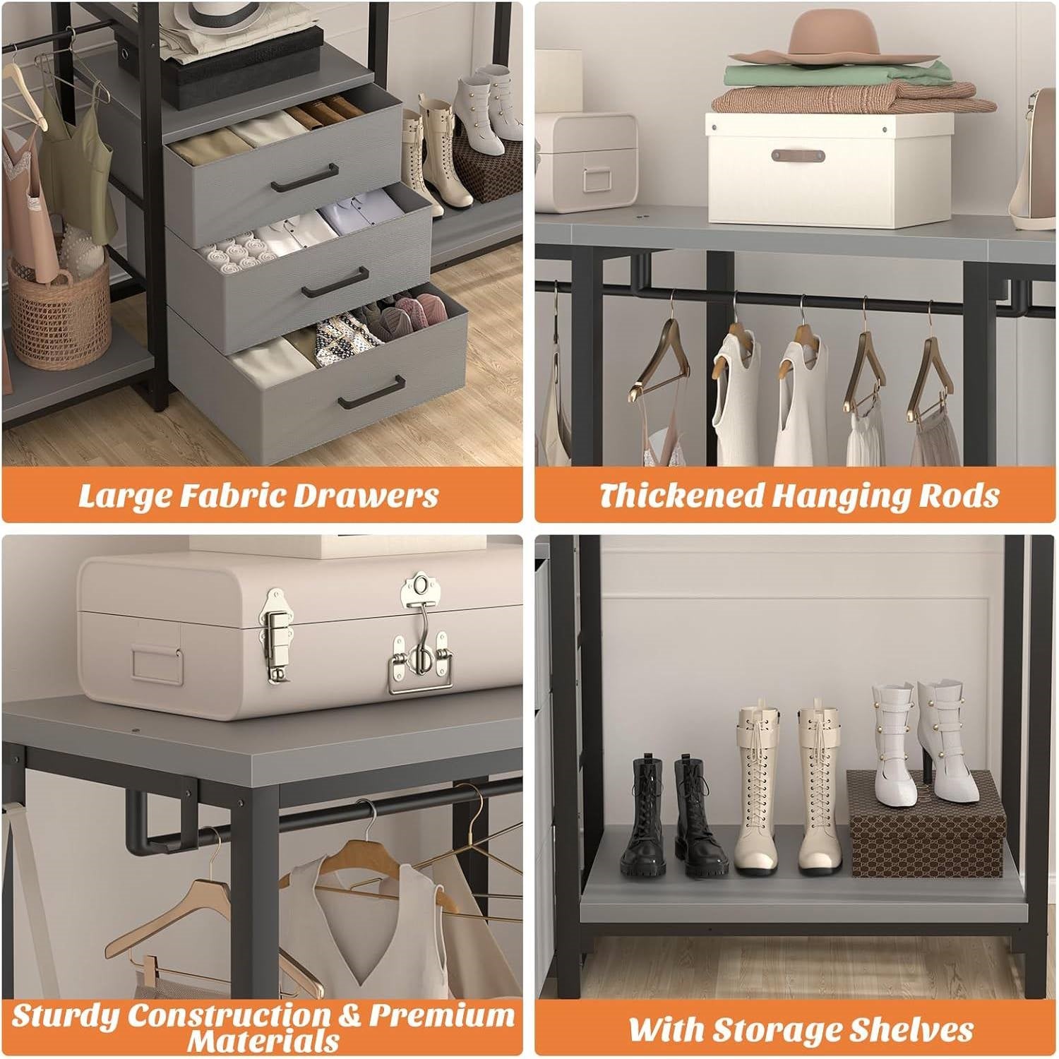 Heavy Duty Black Grey Freestanding Garment Rack Closet Wardrobe with 3 Drawers showing fabric drawers, hanging rods, and shelves