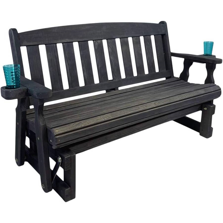 4ft Heavy Duty Black Wooden Porch Glider Bench with Cupholders - Made in USA, handcrafted Amish quality, mission backrest, durable pine