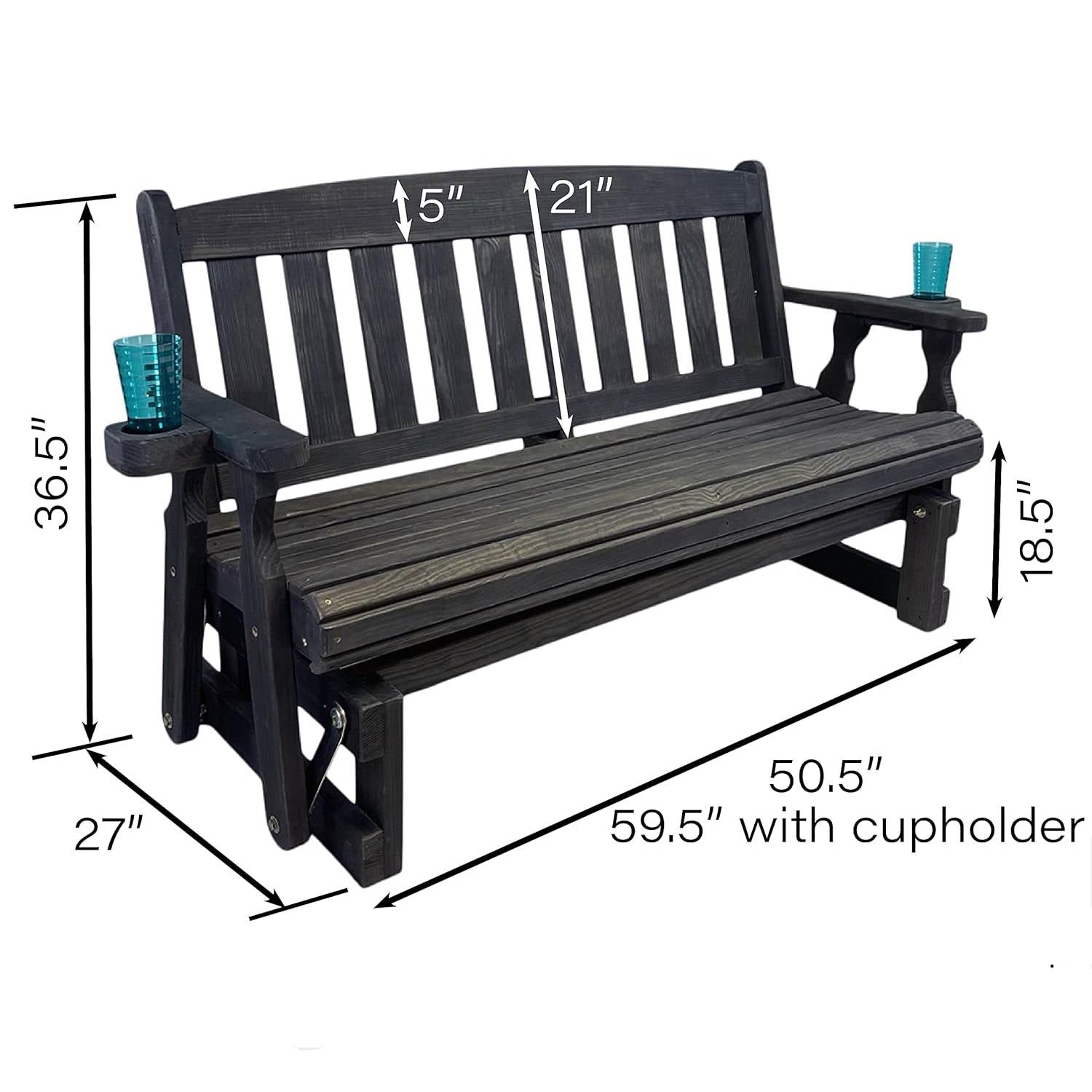 4ft Heavy Duty Black Wooden Porch Glider Bench with Cupholders - Made in USA, handcrafted, mission style, dimensions shown