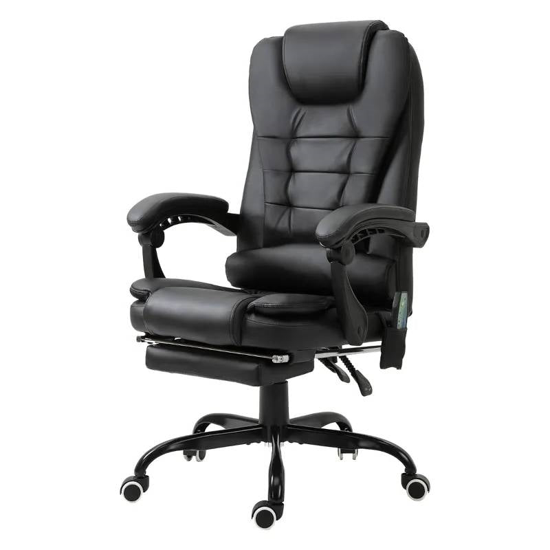 Black 7 Mode Vibrating High Back Executive Massage Adjustable Office Chair with padded armrests and retractable footrest.