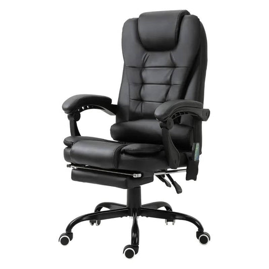 Black 7 Mode Vibrating High Back Executive Massage Adjustable Office Chair with padded armrests and retractable footrest.