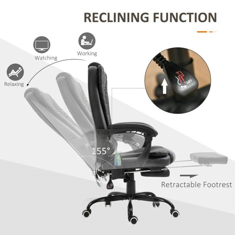 Black 7 Mode Vibrating High Back Executive Massage Adjustable Office Chair reclining with footrest extended