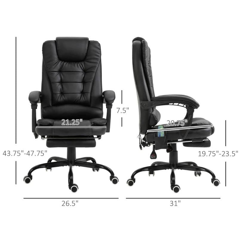 Black 7 Mode Vibrating High Back Executive Massage Adjustable Office Chair with dimensions shown