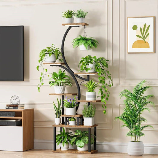 Indoor Plant Stand with Black Metal Frame and Wood Finish Shelves featuring plants and grow lights indoors