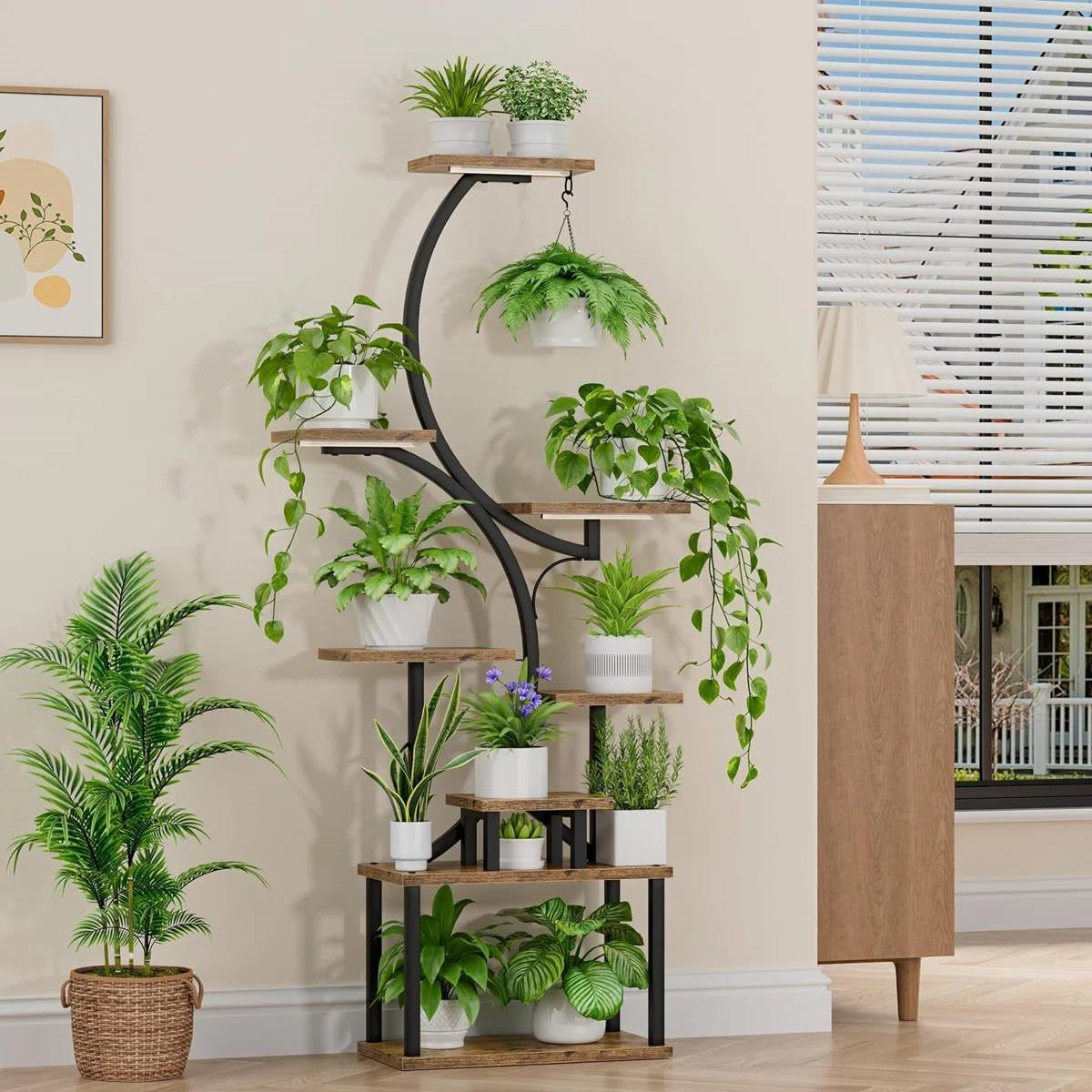 Indoor Plant Stand with Black Metal Frame and Wood Finish Shelves featuring tiered design with decorative plants indoors
