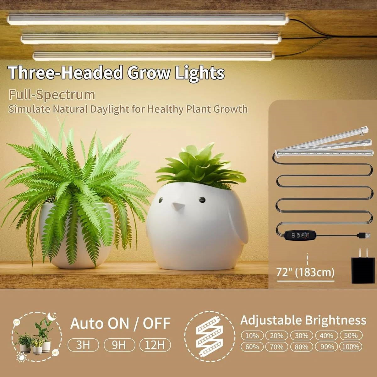 Three-headed grow lights for indoor plant growth with auto timer and adjustable brightness settings, suitable for plant shelves.