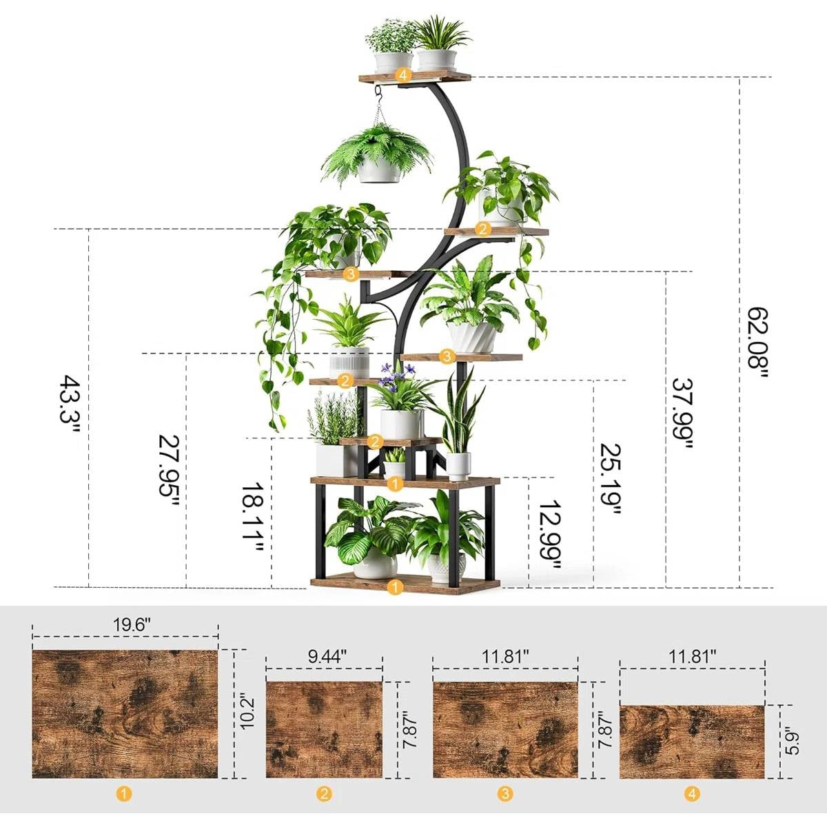 Indoor Plant Stand with Black Metal Frame and Wood Finish Shelves holding multiple plants, showing dimensions and wood finish details.
