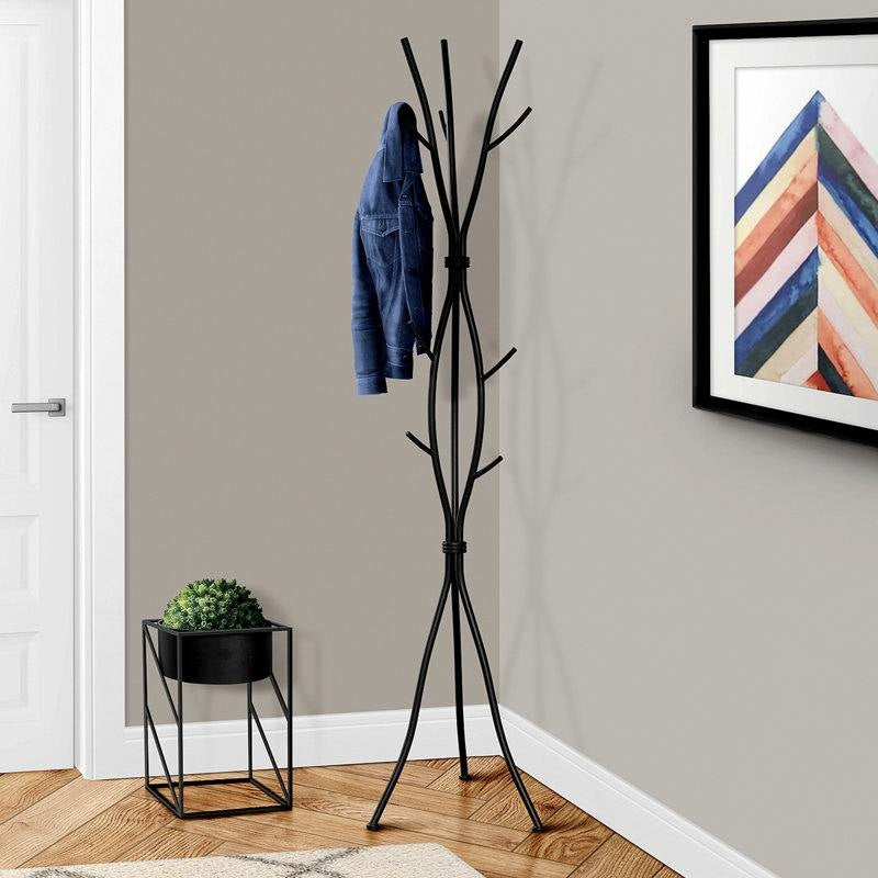74-inch Freestanding Black Metal Coat Rack Entryway Hall Tree Umbrella Stand in a stylish modern interior