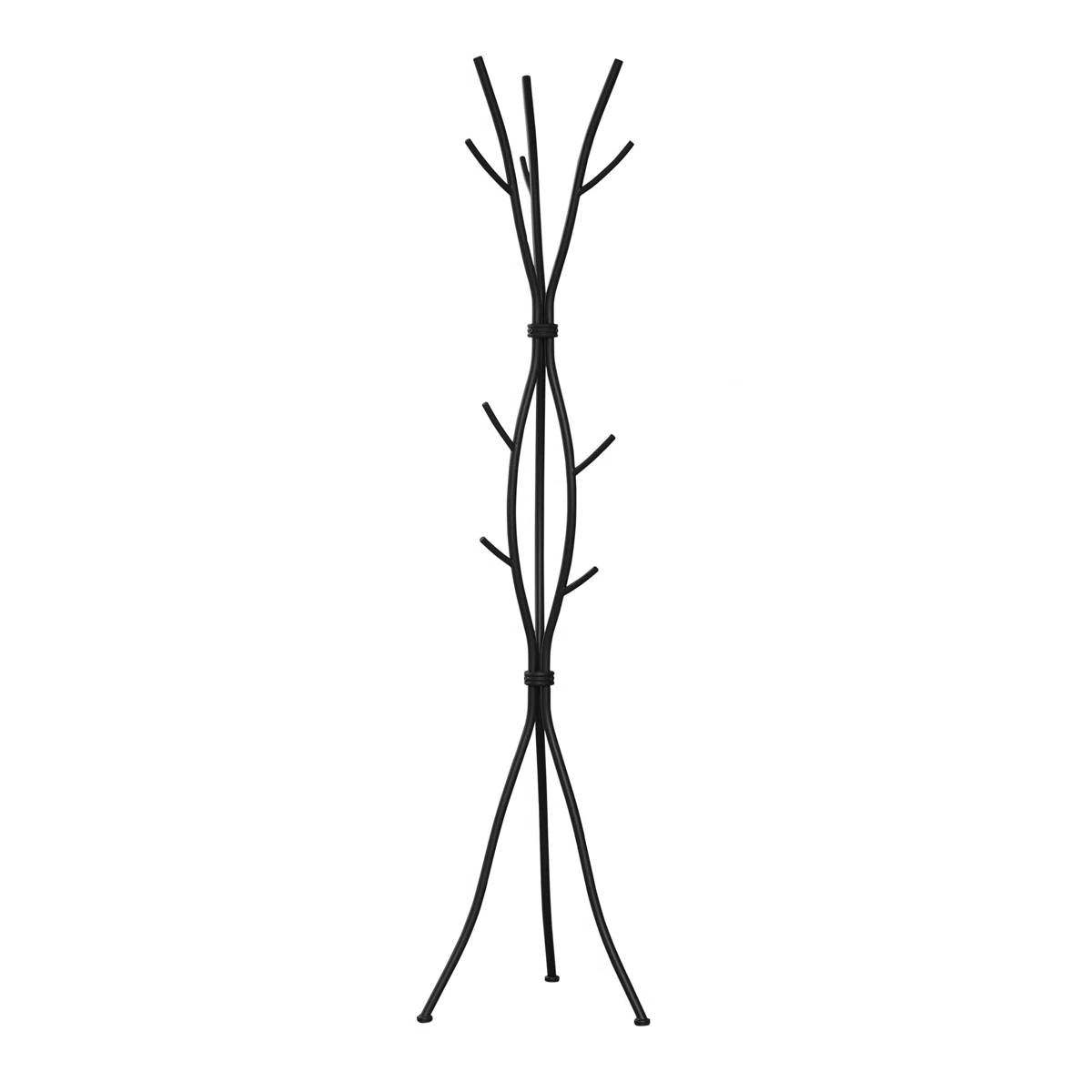 74-inch Freestanding Black Metal Coat Rack Entryway Hall Tree Umbrella Stand with branch-inspired design and eight hooks
