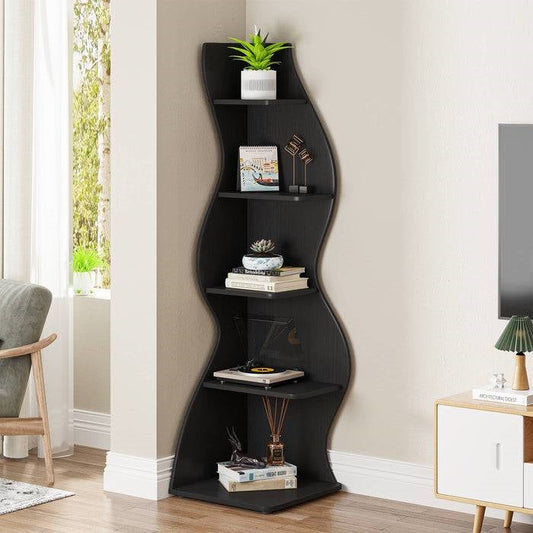 Modern 5 Shelf Corner Bookcase in Black Wood Finish with seagrass-inspired design in a cozy living room setting