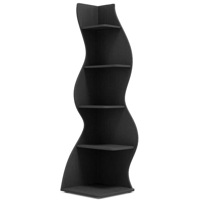 Modern 5 Shelf Corner Bookcase in Black Wood Finish with wavy design and ample storage for home or office