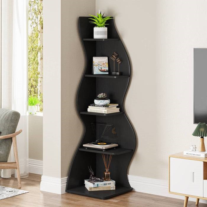 Modern 5 Shelf Corner Bookcase in Black Wood Finish with sleek wave design