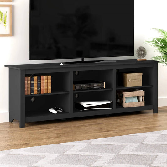 Farmhouse TV Stand in Black Wood Finish - for TVs up to 70-inch with shelves and cabinet in living room setting