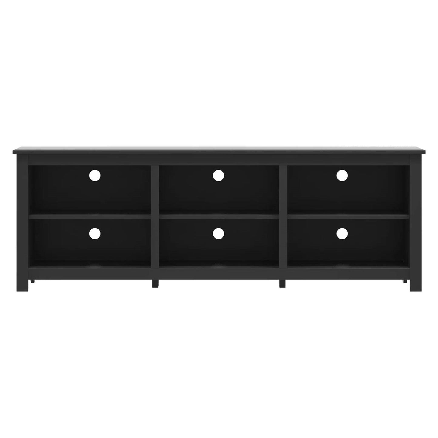 Farmhouse TV Stand in Black Wood Finish - for TVs up to 70-inch with six compartments for storage and display in living room decor.