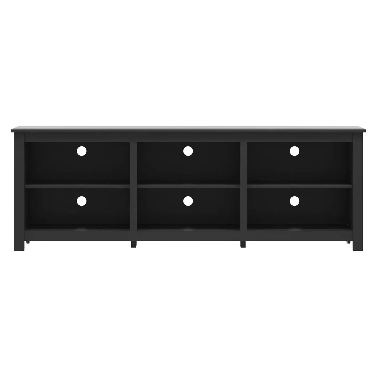 Farmhouse TV Stand in Black Wood Finish - for TVs up to 70-inch with six compartments for storage and display in living room decor.