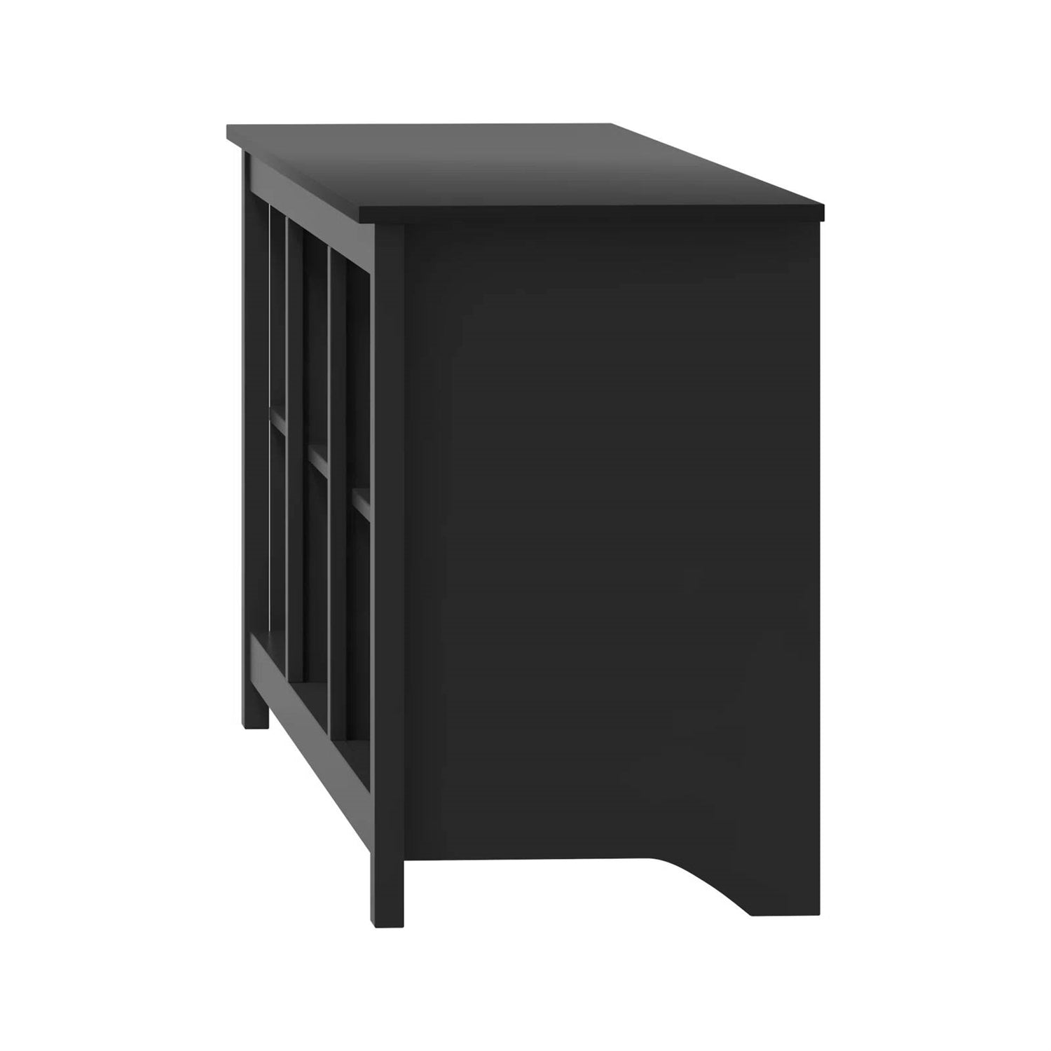 Side view of Farmhouse TV Stand in Black Wood Finish - for TVs up to 70-inch showing storage compartments.