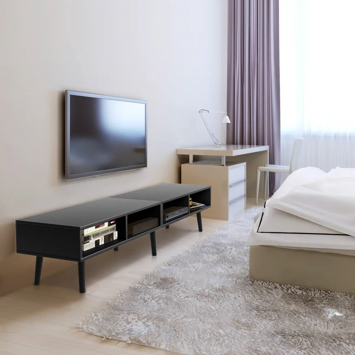 Mid-Century Modern Style TV Stand in Black Wood Finish - for TVs up to 65-inch in a modern bedroom setup