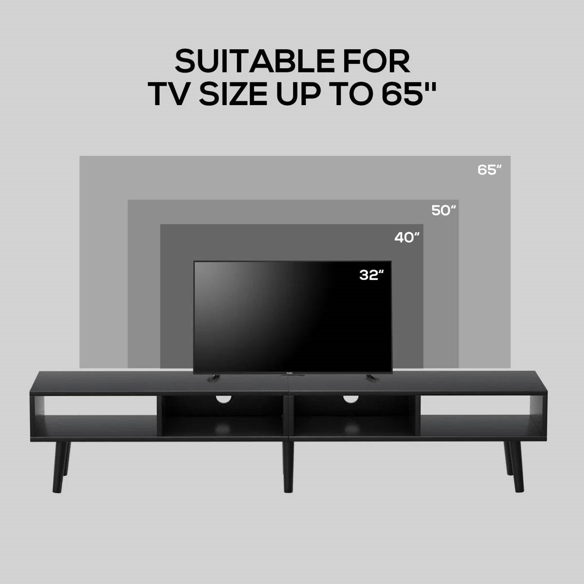 Mid-Century Modern Style TV Stand in Black Wood Finish - for TVs up to 65-inch, showcasing size compatibility with a TV display.