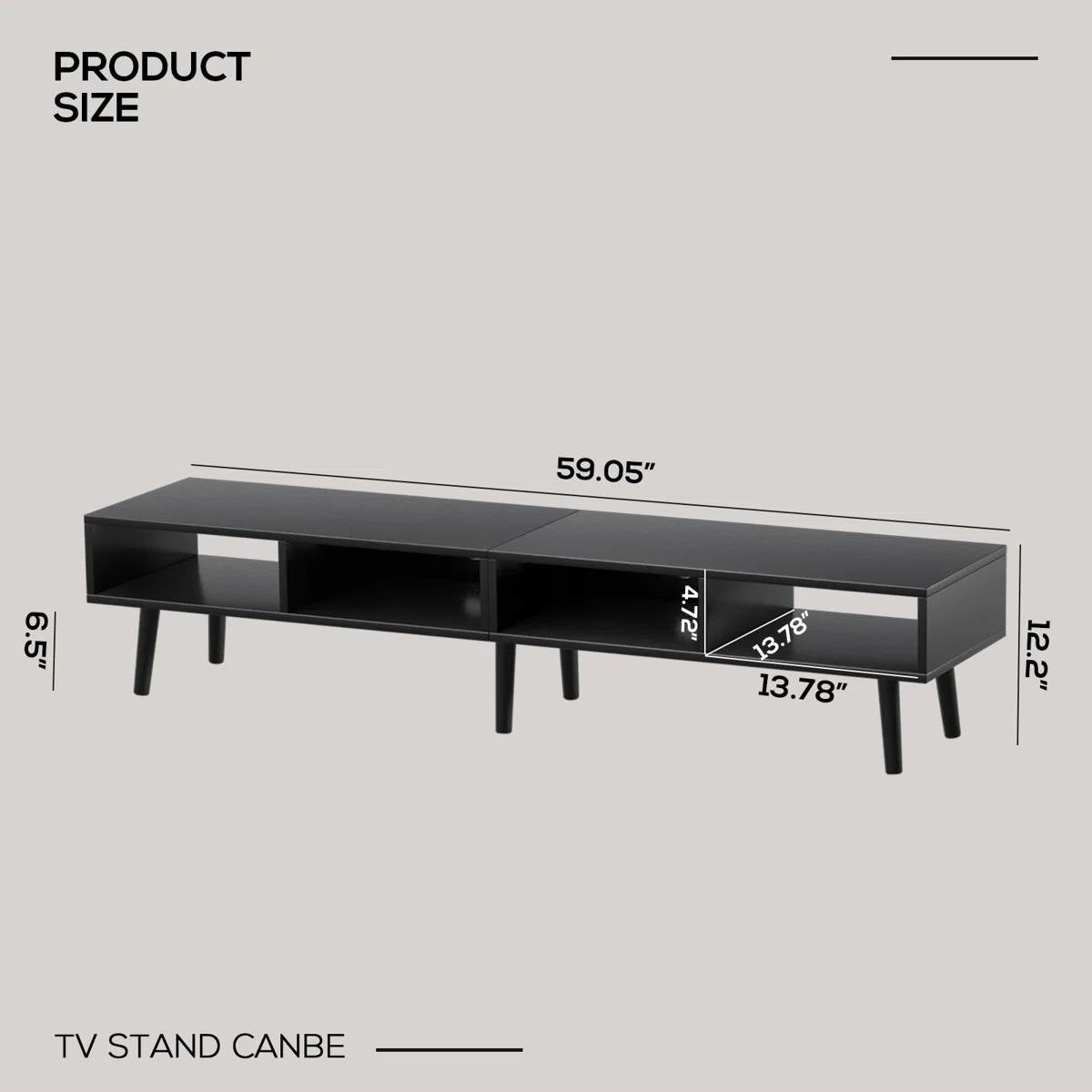 Mid-Century Modern Style TV Stand in Black Wood Finish - for TVs up to 65-inch, featuring a minimalist design with open shelves.