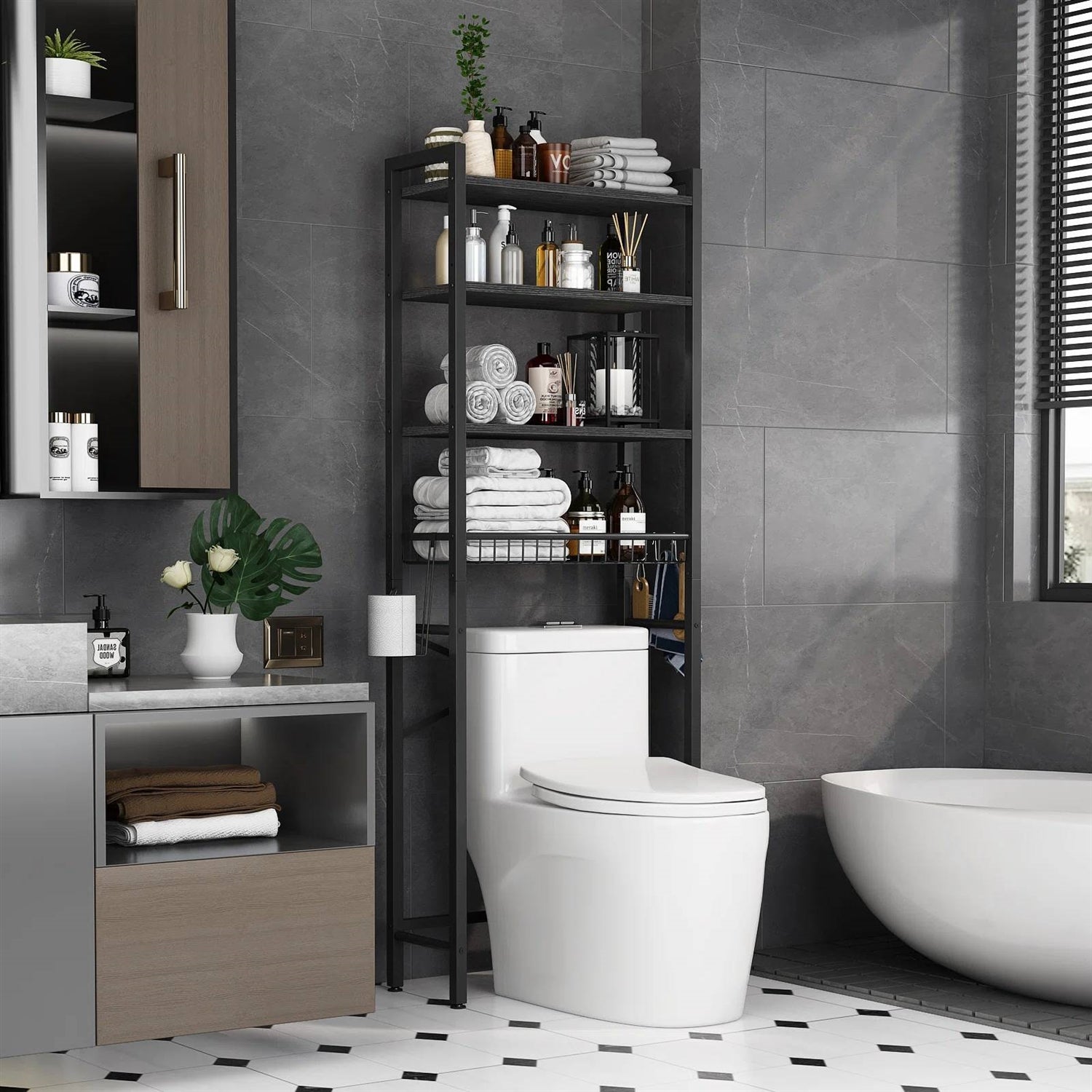 Black Over the Toilet Storage Freestanding Industrial Metal Wood Shelving Unit with four shelves in a modern bathroom setting