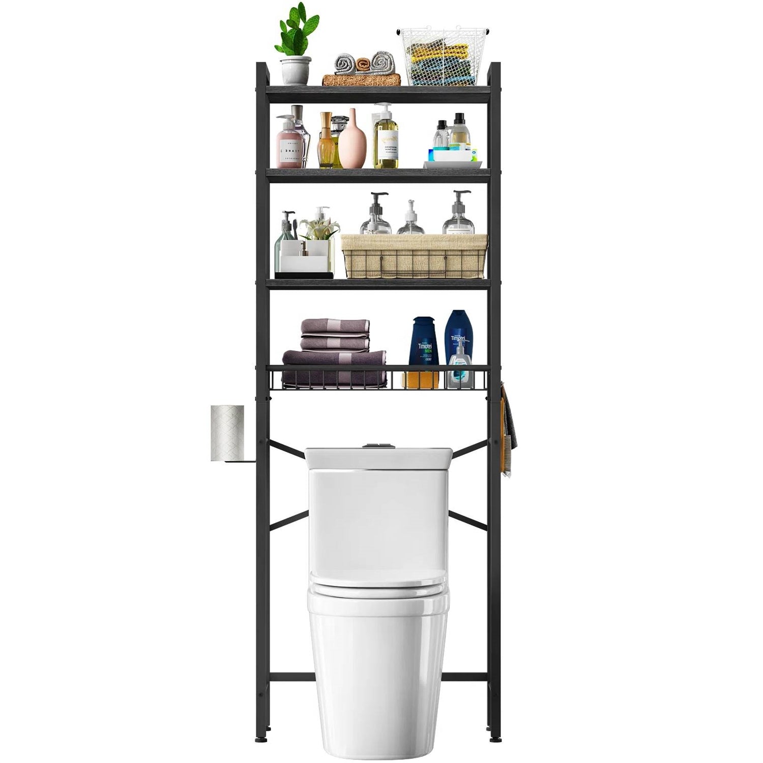 Black Over the Toilet Storage Freestanding Industrial Metal Wood Shelving Unit with four levels of storage above a toilet