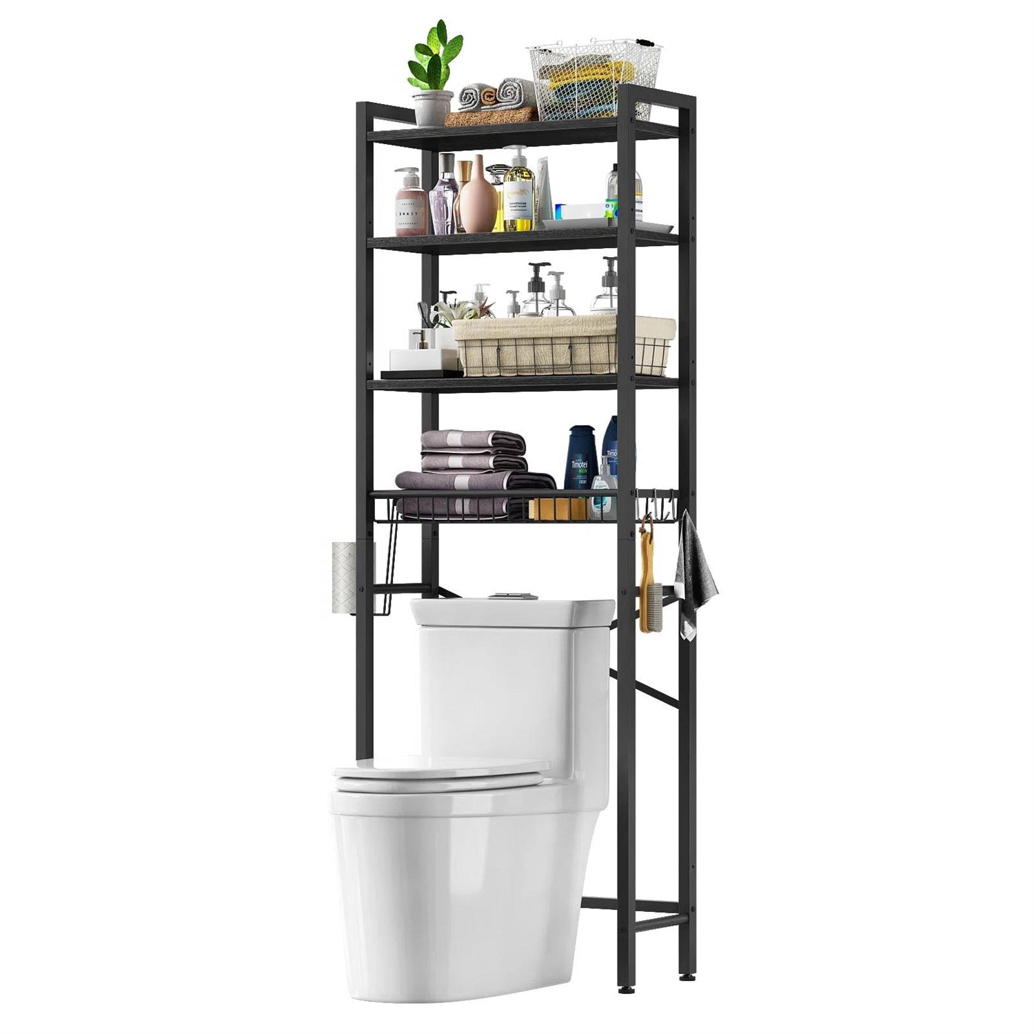 Black Over the Toilet Storage Freestanding Industrial Metal Wood Shelving Unit with four levels in bathroom setting.