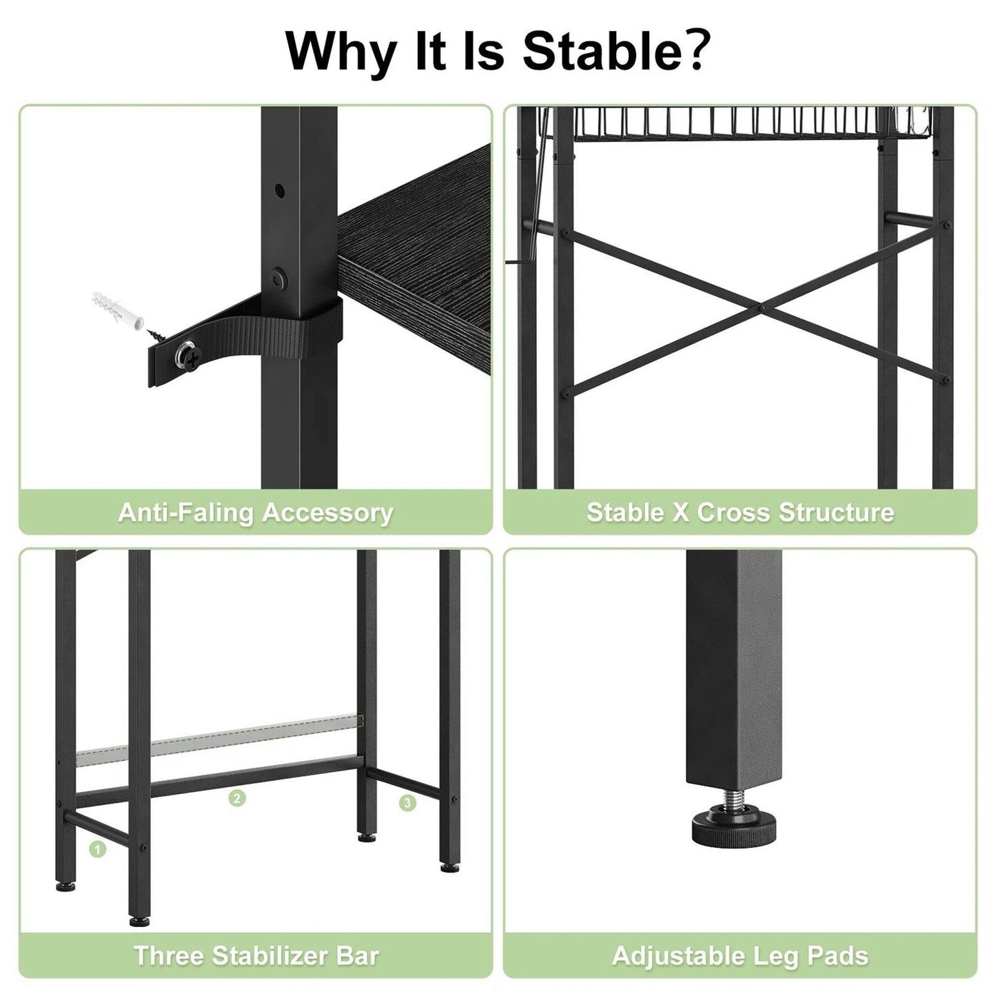 Black Over the Toilet Storage Freestanding Industrial Metal Wood Shelving Unit stability features and construction details
