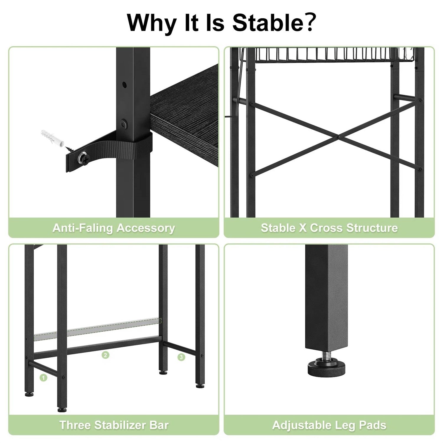 Black Over the Toilet Storage Freestanding Industrial Metal Wood Shelving Unit stability features and construction details