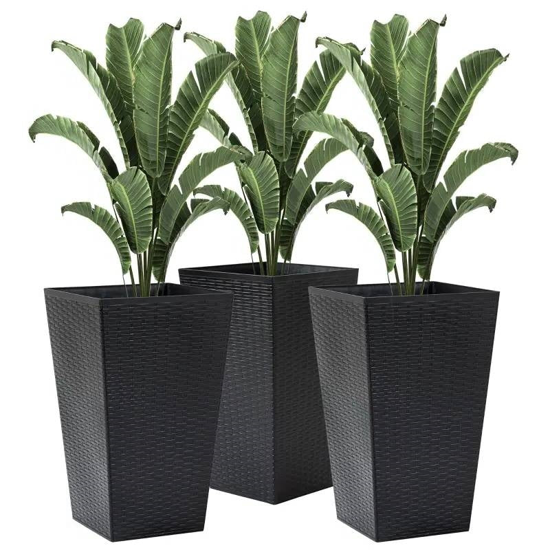 Set of 3 - Black Faux Rattan Plastic Tall Large Flower Pots with green plants