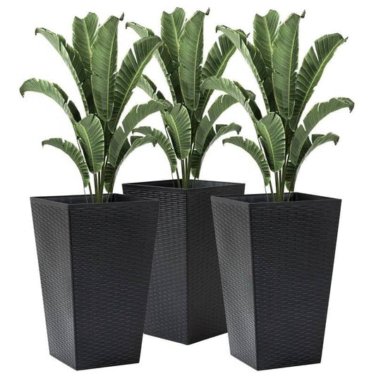 Set of 3 - Black Faux Rattan Plastic Tall Large Flower Pots with green plants