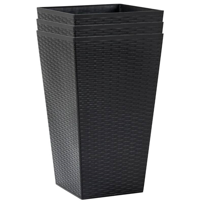 Set of 3 - Black Faux Rattan Plastic Tall Large Flower Pots for indoor and outdoor use, stackable design, modern decor