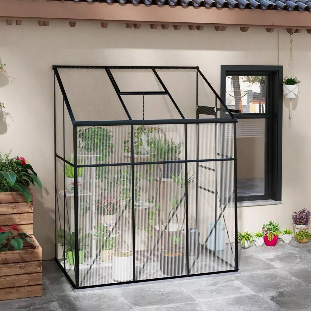 6.3 ft x 4.1 ft Outdoor Polycarbonate Lean-to Greenhouse with Black Metal Frame attached to wall
