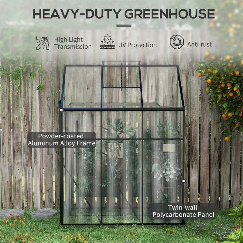 6.3 ft x 4.1 ft Outdoor Polycarbonate Lean-to Greenhouse with Black Metal Frame against a wooden fence