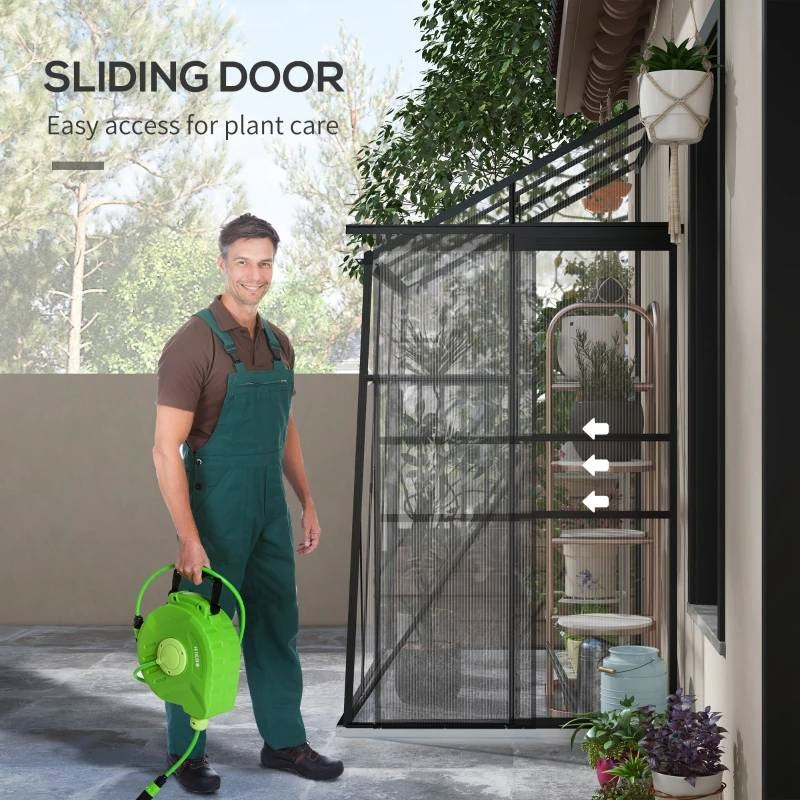 6.3 ft x 4.1 ft Outdoor Polycarbonate Lean-to Greenhouse with Black Metal Frame next to house and sliding door for easy access