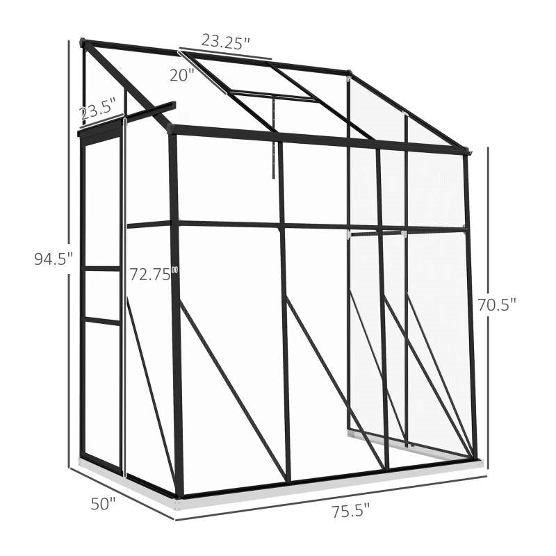 6.3 ft x 4.1 ft Outdoor Polycarbonate Lean-to Greenhouse with Black Metal Frame dimensions