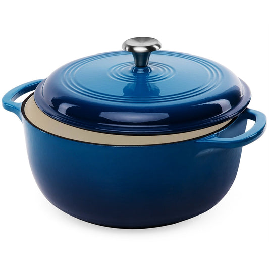 6 Quart Large Blue Enamel Cast-Iron Dutch Oven Kitchen Cookware, ideal for casseroles, soups, and roasting up to 480°F.